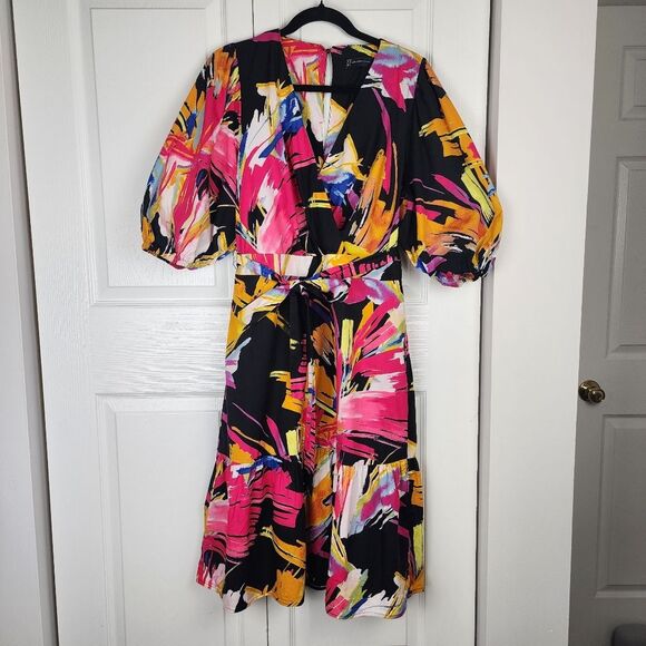 New York & Co. Midi Dress Graphic-Print Poplin Puff-Sleeve Wrap Tie Waist Sz M - Picture 16 of 16